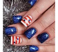4th Of July Press On Nails Square French Tip Fake Independence False With America Flags Star Stick On Artificial False Nail