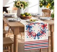 4th of July Red Blue Bow Stars Table Runner 120 Inches Long, Patriotic Stripes Wreath Washable Table Runners Heat-Insulation Kitchen Dining Table Decorations for Home Party Decor 13x120in