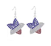 4th of July Rhinestone Star Drop Earrings for Women Sparkly Crystal Dangle Hook Earring Red White Blue Patriotic American Flag Independence Day Memorial Day Accessories Fashion USA Jewelry