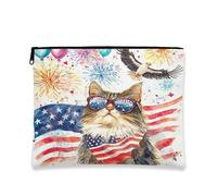 4th of July Siberian Cat Makeup Bag 7x9 Inch for Travel Purse, 250 Years American Anniversary Pattern Cosmetic Pouch for Women, Patriotic Portable Canvas Zipper Organizer