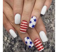 4th of July Square French Tip Fake Independence False with America Flags Star Stick on Glues on