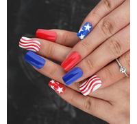 4th of July Square French Tip Fake Independence False with America Flags Star Stick on Independence Day French Tip Press on