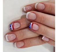 4th of July Square French Tip Fake Independence False with America Flags Star Stick on Independence Day French Tip Press on