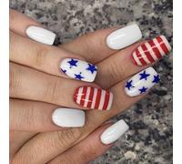 4th of July Square French Tip Fake Nails Independence False with America Flags Star Stick on Artificial False