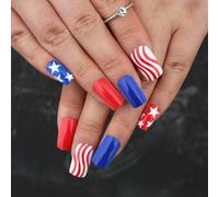 4th of July Square French Tip Fake Nails Independence False with America Flags Star Stick on Independence Day French Tip Press on