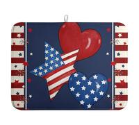 4th of July Star Dish Drying Mats Patriotic Hearts Dish Mat Blue Red Firework Drying Matt Dishes Dryer Pad for Kitchen Counter Absorbent Microfiber Washable Foldable Reusable 18x24 in