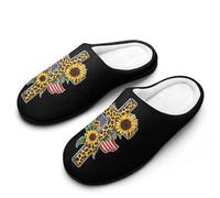 4th of July Sunflower Leopard U.S. Flag Men's Cotton Slippers Winter Warm Slip-on House Shoes with Anti-Skid Rubber Sole 9-10（42-43）
