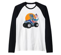 4th Of July T-Rex Dinosaur Monster Truck American Flag Raglan Baseball Tee