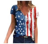 4th of July T Shirt for Women Short Sleeve V Neck Star and Stripes Print Patriotic Tee Shirts Summer Casual USA Flag Graphic Tops Multicolor