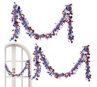 4th of July Tinsel - Patriotic Wreath, Royal Touch Cedar Garland, Red White Blue Patriotic Star Tinsel Hanging Parade Ornaments, Orpell Decorations
