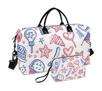 4th of July Travel Duffel Bag Red Blue Fireworks Doodling Crossbody Bag Weekender Gym Bag Large Gym Bag with Folding Travel Toiletry Bag, July 4th, 4th of July Red Blue Fireworks Doodle, Set of 2, Art