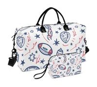 4th of July Travel Duffel Red Blue Fireworks Footballs Weekender Night Bag Tote Bag with Adjustable Shoulder Strap for Training 2 Piece Set, 4th of July Red Blue Fires, 4th of July Red Blue Fireworks