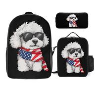 4th of July US Flag Bichon Frise Dog 3 Pieces Set Laptop Backpack Casual Daypack with Lunch Box Pencil Case for Travel