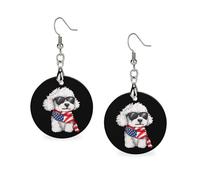 4th Of July US Flag Bichon Frise Dog Earrings for Women Round Dangle Earrings Wooden Drop Earring Jewelry Gifts