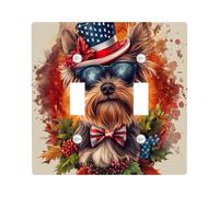 4th of July Yorkie Decorative Switch Cover 2 Gang Double Toggle, Independence Day Dog Switchcover Wall Plate, Flower Pet Fun Electrical Faceplate for Bedroom Living Room Decor