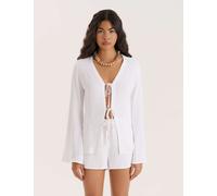 4Th & Reckless Women's Tie Front Beach Shirt with Linen - 14 - White, Chocolate,White