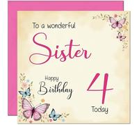4th Sister Birthday Card - Beautiful Butterfly Floral Sisters Birthday Card for 4 Year old Kids four, fourth