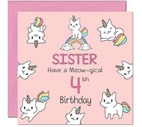 4th Sister Birthday Card - Funny Cat Cute Sister's Birthday Card for 4 Year old Kids four, fourth
