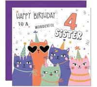 4th Sister Birthday Cards - Childrens Cute Cat Sisters Birthday Card for 4 Year old Kids four, fourth