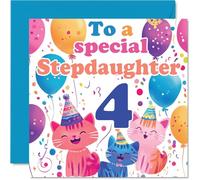 4th Step Daughter Birthday Card - Cute Cats Special Step Daughter - Happy 4th Birthday Card from Mum Dad, 145mm Age 4 Greeting Cards