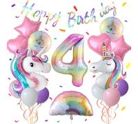 4th Unicorn Birthday Party Decorations for 4 Years Old Girl Purple Pink Unicorn Party Theme Balloon Set, Large Rainbow Unicorn Helium Balloons with Heart and Star Baby Shower Kids Supplies Age 4