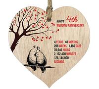 4th Wedding Anniversary Wooden Heart Plaque, Light Wood Sign Keepsake, Celebrate Fruit/Flowers Anniversary Wife Husband Boyfriend Girlfriend, Plaque with Quotes Gifts from the Kids
