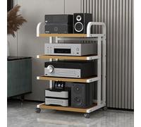 4Tier Audio Rack Shelf RollingMedia Stand for Game Consoles & Record Players White & Light Walnut Stereo Receiver Cabinet Stylish Display Rack with Wheels