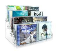 4Tier Clear Acrylic CD Holder Cascading CD Storage Rack,DVD/CD Display Rack & Vinyl Record Storage Stand Holds up to 32 Standard CD Cases for Media Shelf Storage and Organization (clear, Large size)