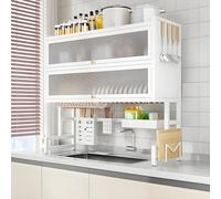 4Tier Dish Drying Rack with Lid: SpaceSaving Kitchen Organizer for Plates Glasses Bowls & Utensils. Large White Drainer (95 cm) Keeps Sink Neat and Tidy.
