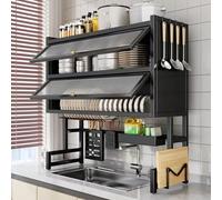 4Tier Dish Rack with Cover: SpaceSaving Kitchen Organizer for Plates Glasses Bowls & CutleryLarge 65cm Black Draining Rack Keeps Sink Area Neat