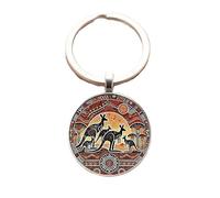 4Trails Australian Kangaroo Family Keychain, Vintage Retro Style, Aboriginal Art Design, Round Pendant Keyring
