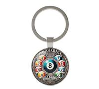 4Trails Billiards Pool Keychain, Pack & Crack 8 Ball Design Keyring | Round Glass Dome Pendant, Silver Metal KeyRing