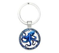 4Trails Blue Octopus Squid Keyring, Silver-Tone Metal, Round Glass Dome Design Decorative