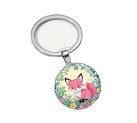 4Trails Cute Pink Fox Floral Garden Keyring, Round Glass Dome Design, Silver Metal Ring