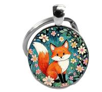 4Trails Cute Red Fox Floral Garden Keyring, Round Glass Dome Design, Silver Metal Ring