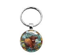 4Trails Highland Cow Glass Dome Keyring, Lucky Scottish Charm Keychain with Floral Design, Black and White Flower Stained Glass