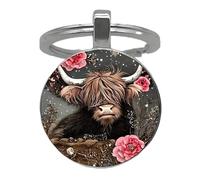 4Trails Highland Cow Glass Dome Keyring, Lucky Scottish Charm Keychain with Floral Design, Black and White and Pink Flower