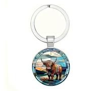 4Trails Highland Cow Glass Dome Keyring, Lucky Scottish Charm Keychain with Floral Design, Blue Stained Glass