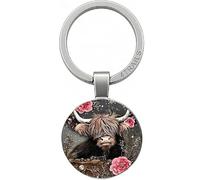 4Trails Highland Cow Lucky Scottish Black and White and Pink Flower Keyring