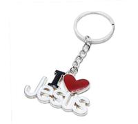 4Trails I Love Jesus Keyring, Religious Metal Keychain with Red Heart Charm, White and Silver