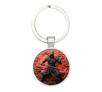 4Trails Ninja Keyring Warrior Keychain, Silver Metal, Red Background, Japanese Samurai Theme