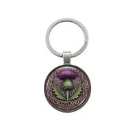 4Trails Scotland Thistle Keychain, Purple Celtic Design, Round Metal Keyring, Scottish Souvenir