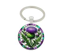 4Trails Scottish Thistle Floral Glass Dome Keyring, Purple and Green
