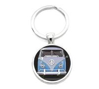 4Trails Vintage Camper Van Peace Sign Keyring, Blue and White Design, Metal Round Pendant