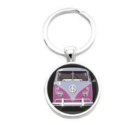 4Trails Vintage Camper Van Peace Sign Keyring, Pink and White Design, Metal Round Pendant