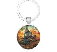4Trails Vintage Steam Train Keyring, Round Metal Keychain with Locomotive Design
