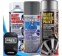 4TRESS E-Tech Metallic Silver Chip Resistant Alloy Wheel Spray Paint 400ml, 1 x Clear Lacquer Car Alloy Wheel Paint, 1 x 400ml Self Etch Grey Primer Non Slip Car Dash Mat