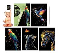 4x Art Scratch Pictures For Children, Handmade Glitter Scratch Paper Crafts Items Creative Supplies, A4 Size Coloring Drawing Pages, Landscape & Animal Graffiti Cards Toys Art Projects