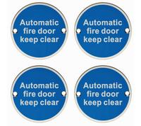 4X Automatic Fire Door Keep Clear Plaque 76mm Diameter Satin Stainless Steel