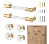 4X Crystal Glass Cabinet Knob and 2X Pull Handles Brushed Gold for Dresser | Dia45mm Drawer Knob and 140mm Brass and Acrylic Cabinet Pull Set for Kitchen Bathroom Bedroom Cupboard Wardrobe